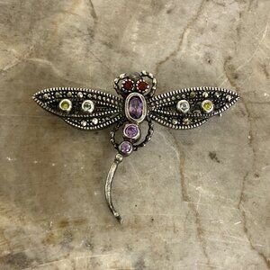 Oxidized Sterling Silver 925 Marcasite & Multi Color CZ Dragonfly Insect Brooch